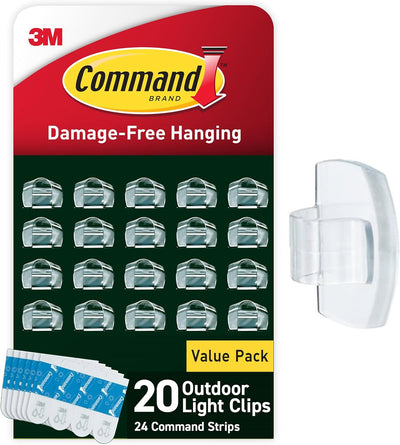 Command Outdoor Light Clips, 20 Clear Clips and 24 Command Strips, Damage Free Hanging Outdoor Light Clips with Weather Resistant Strips, Wall Clips for Hanging Outdoor Lights and Cable Management
