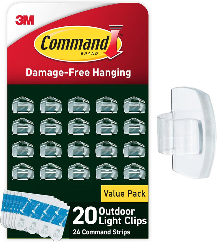 Command Outdoor Light Clips, 20 Clear Clips and 24 Command Strips, Damage Free Hanging Outdoor Light Clips with Weather Resistant Strips, Wall Clips for Hanging Outdoor Lights and Cable Management