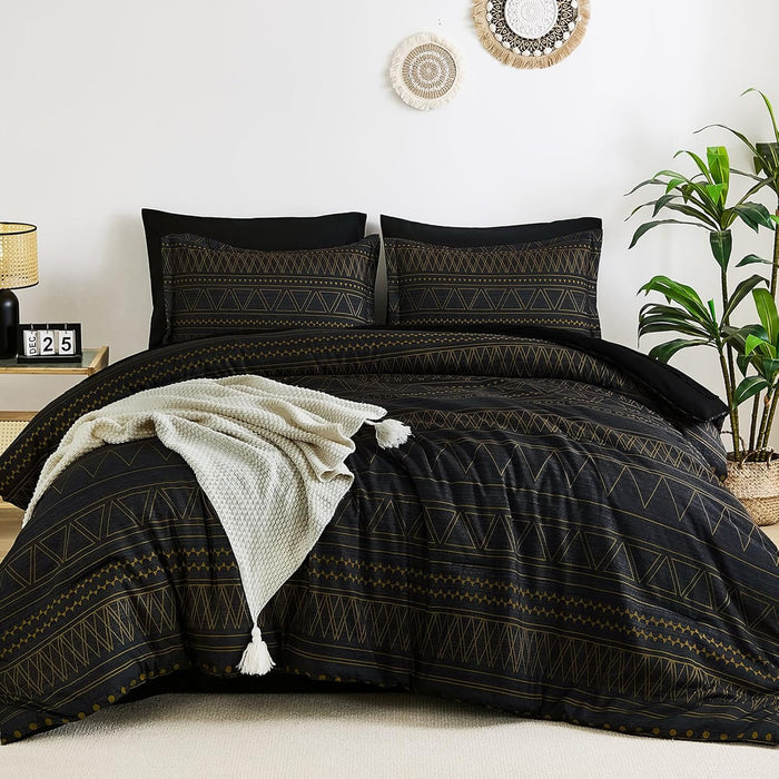 WONGS BEDDING Boho Comforter Set King Size,7 Pieces Grey White Geometric Bohemian Bed in a Bag Comforter Complete Striped Bedding Set for All Season with Sheets,Pillowcases & Shams Soft Microfiber