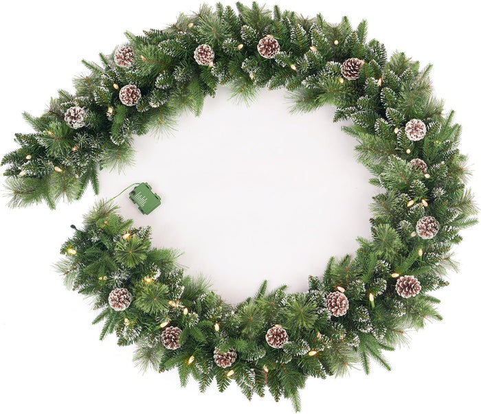 9Ft Pre-Lit Christmas Garland, Plug in, Green, 50 Clear Lights, Fireplace Stairs Mantle Door Indoor Outdoor, Decorated with Pine Cones