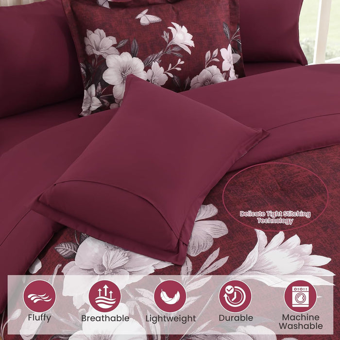 Floral Comforter Set Queen Size, 7 Pieces Burgundy Bed in a Bag, Elegant Floral Butterfly Comforter and Sheet Set, Soft Microfiber Bedding Set for All Seasons(Burgundy,90"x90")