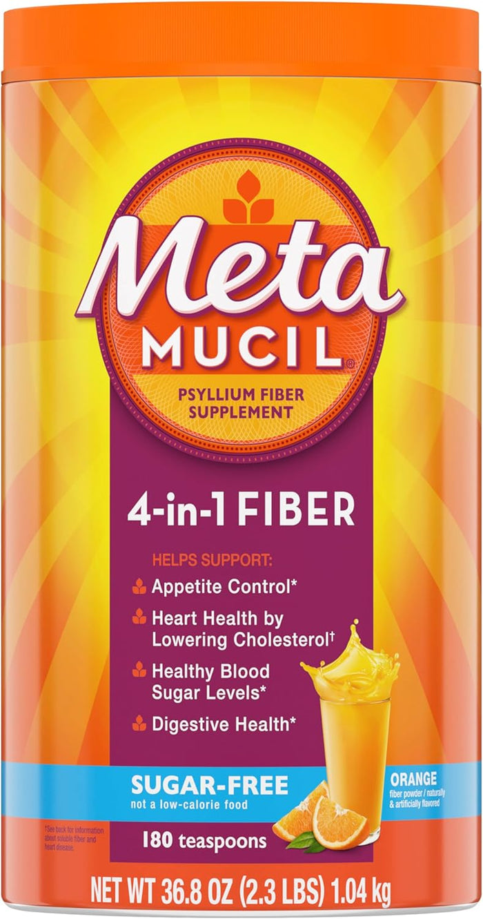 Metamucil 4-in-1 Psyllium Husk Fiber Supplement, Sugar-Free, 180 teaspoons, Orange Flavored, Daily Fiber Powder for Digestive Health, made with Plant-Based Psyllium Husk Fiber