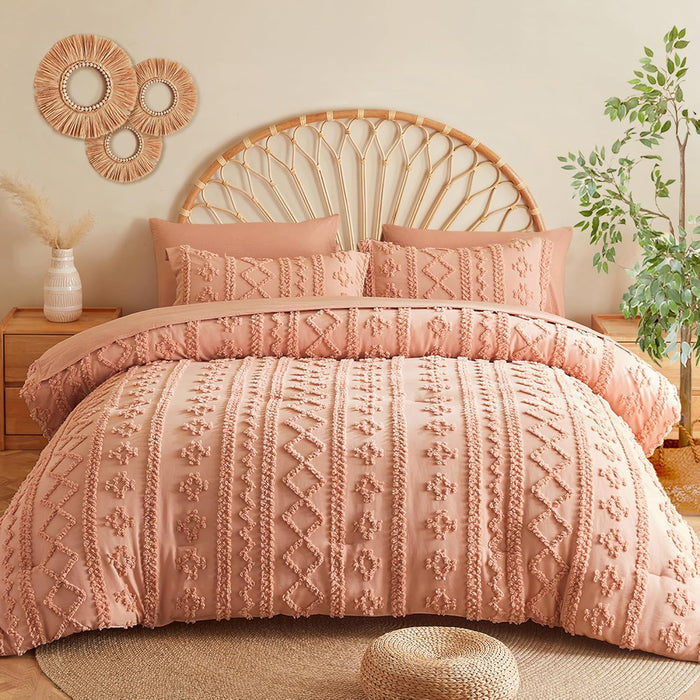 MR&HM Beige Comforter Set Queen, Tufted Boho Bedding Set, Farmhouse Bed in a Bag Set 7 Pieces with 1 Comforter, 2 Pillow Shams, 2 Pillowcases, 1 Flat Sheet, 1 Fitted Sheet for All Seasons