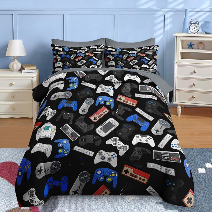 Nesker 7 Pcs Comforter Set Full Size, Computer Games Doodles Bedding for Kids Teen, Gamer Gaming Blackwith Fitted Sheet 2 Pillowcases & 2 Shams for Bedroom Bed Decor