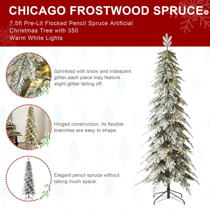 Glitzhome 7.5ft Artificial Christmas Tree, Pre-Lit Flocked Pencil Christmas Tree Chicago Frostwood Spruce with 350 Warm White Lights Home, Office, Holiday Decoration