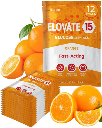 Fast Acting Glucose Powder Packets, Orange - Quick Dissolving, 15g Pure, Gluten-Free Glucose Packets | Oral Dextrose Powder for Kids & Adults | Easy-to-Carry Pocket Sized Slimpaks (Pack of 12)