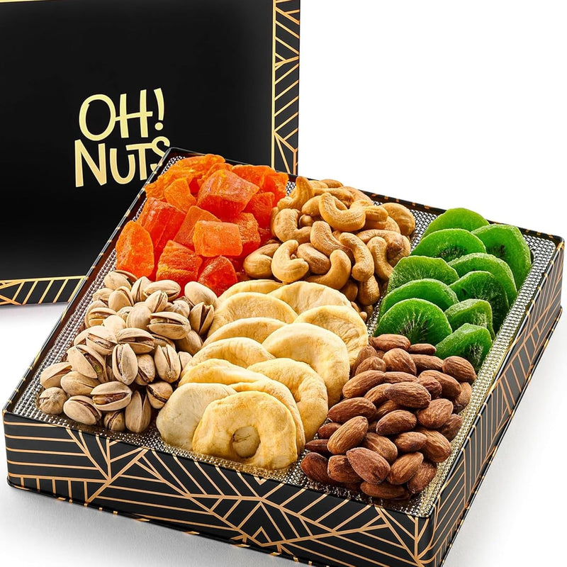 Oh! Nuts Dried Fruit Gift Basket 7 Variety Tin Box - Gourmet Arrangement Platter - Healthy Food Snack Box for Birthday, Anniversary, Corporate - Gift for Women & Men (Dried Fruits)