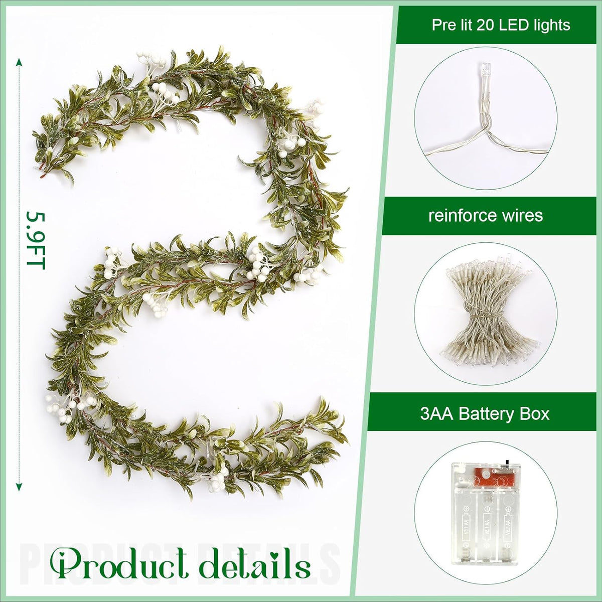 Joyhalo Christmas Garland with Lights Battery Operated - 5.9ft 20 LED White Berry Lighted Christmas Garland, Christmas Decorations Prelit Garland Indoor Outdoor Fireplace Stairs Railing Mantle Decor