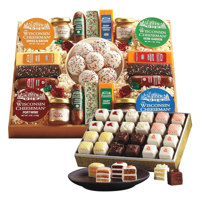 The Wisconsin Cheeseman 21 Favorites Food Gift Box with Assorted Summer Sausage Meats & Cheese Bricks w/Meat and Cheese Combo Featuring Italian, Original and Garlic Summer Sausage