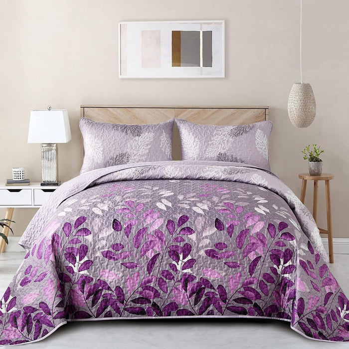 WONGS BEDDING Blue Quilt Set Queen Size,3 Pieces Navy Blue Floral Bedspread Coverlet Set,Soft Microfiber Lightweight Grayish Blue Gradient Floral Bedding Set Queen 96"x90"