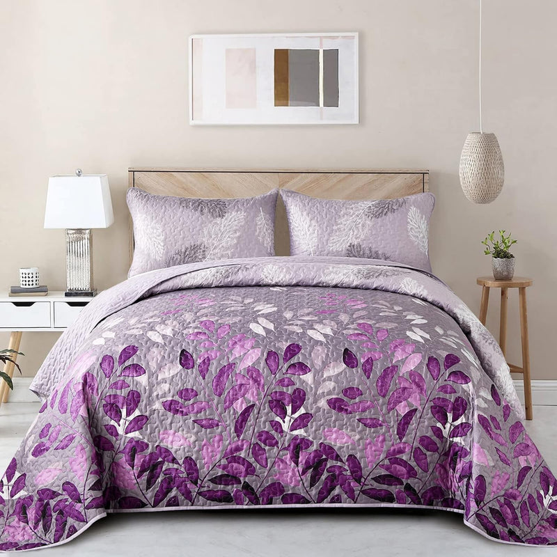 WONGS BEDDING Blue Quilt Set Queen Size,3 Pieces Navy Blue Floral Bedspread Coverlet Set,Soft Microfiber Lightweight Grayish Blue Gradient Floral Bedding Set Queen 96"x90"