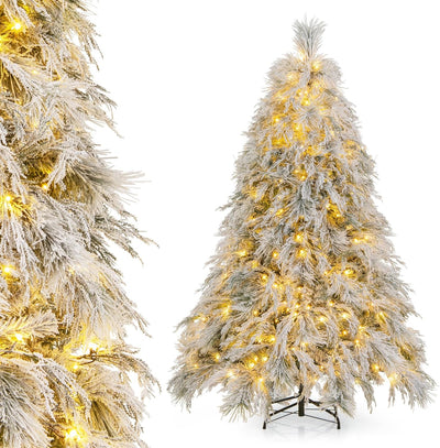 DORTALA Pre-Lit Snow Flocked Christmas Tree 6 FT, Hinged Artificial Xmas Tree with Stand, 519 Branch Tips, 250 Warm White LED Lights, Decoration Christmas Tree for Home Living Room, Shop & Office