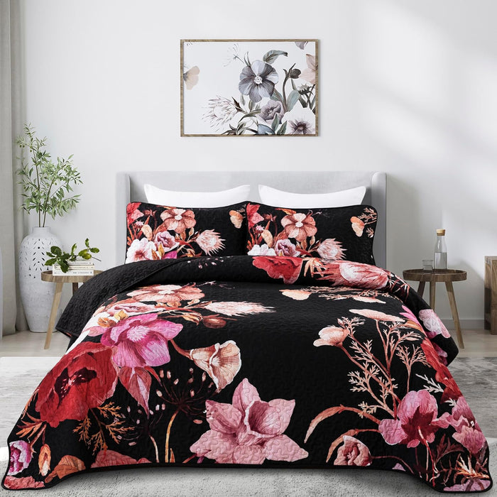 Floral Quilt Set King 3 Pieces Grey Floral Quilt Coverlet Set Soft Microfiber Lightweight White Quilted Bedspread for All Season 104"x90"