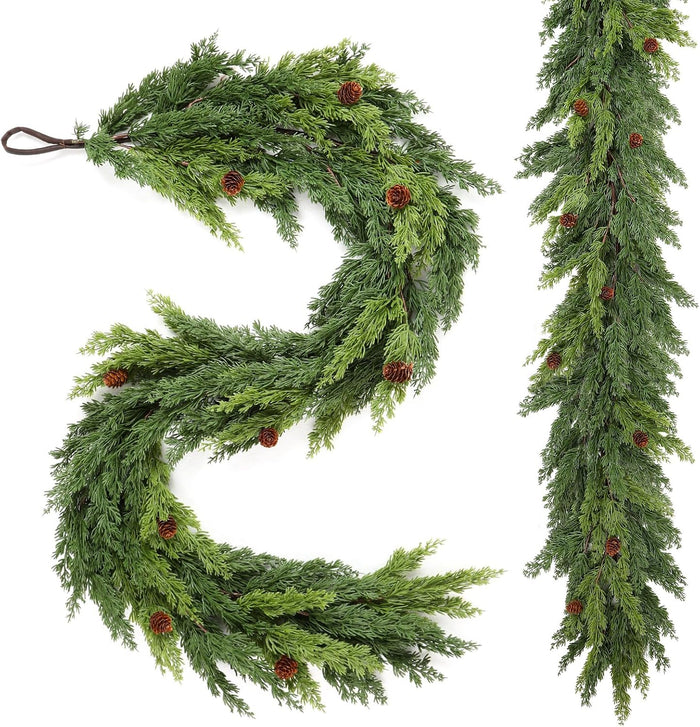 2PCS Christmas Garland, Cedar Garland -Realistic Greenery Cypress Pine Garland with Pinecone for Mantle Table Railing Fireplace Indoor & Outdoor Christmas Decoration