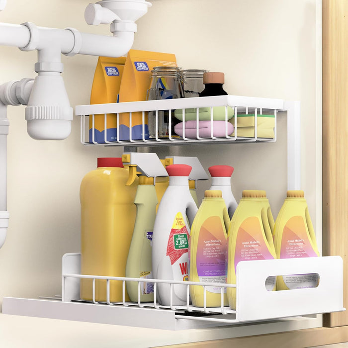 VUSIGN Under Sink Organizer, 2 Tier Pull Out Bathroom Cabinet Organizer, Under Kitchen Sink Organizers and Storage, Under Sink Shelf,2 Pack, White