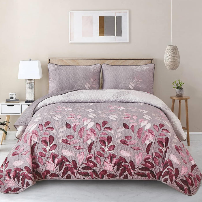 WONGS BEDDING Blue Quilt Set Queen Size,3 Pieces Navy Blue Floral Bedspread Coverlet Set,Soft Microfiber Lightweight Grayish Blue Gradient Floral Bedding Set Queen 96"x90"