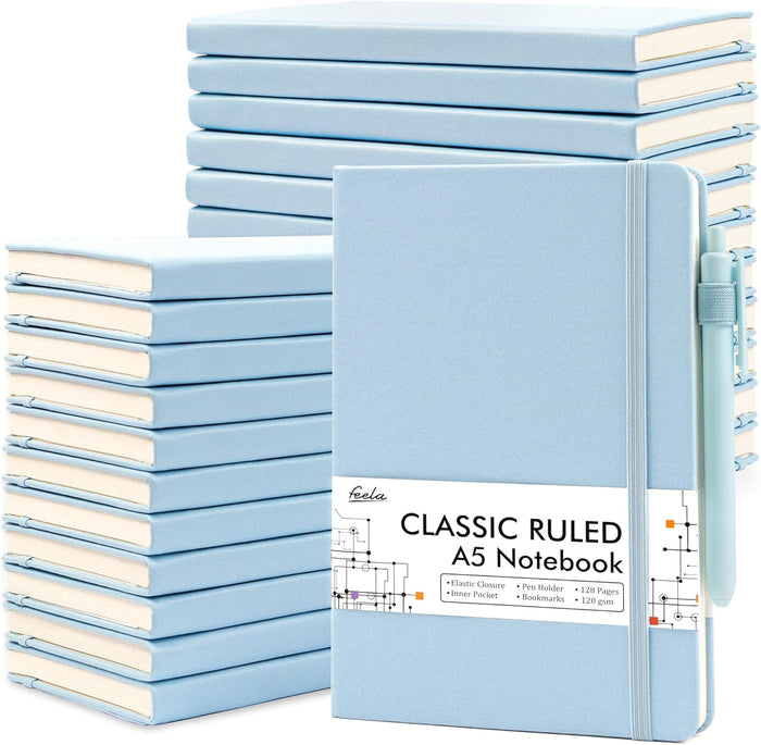 feela 24 Pack Journal Notebook for Work, Business Notebook Bulk Hardcover Lined Writing Journal with Pen Holder for Men Women Note Taking, with 24 Black Pens, 120 GSM, 5.1”x8.3”, A5, Wine
