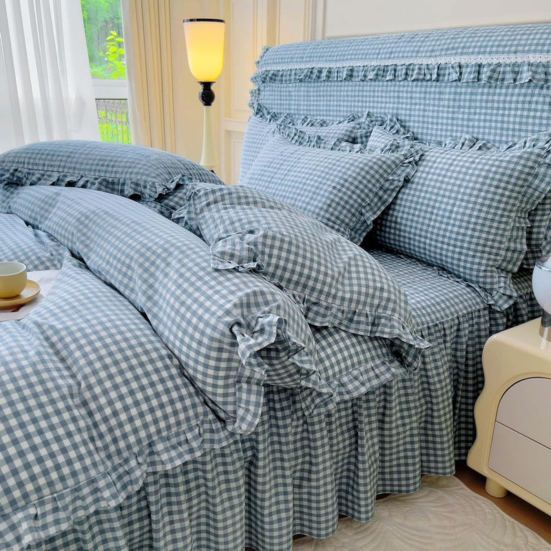 LifeTB Green Gingham Comforter Set King Modern Style Plaid Comforter Set 3 Pieces Boho Grid Comforter with 2 Pillowcases Soft Fluffy Checkered Pattern Comforter Farmhouse Gingham Bedding Set King