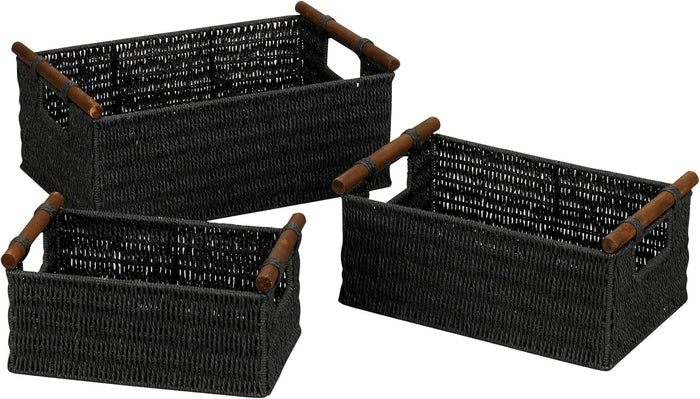 Household Essentials Decorative Woven Baskets Set of 3, Paper Rope with Wood Handles and Metal Frame, Small, Medium and Large, Brown