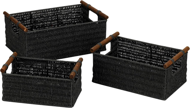 Household Essentials Decorative Woven Baskets Set of 3, Paper Rope with Wood Handles and Metal Frame, Small, Medium and Large, Brown