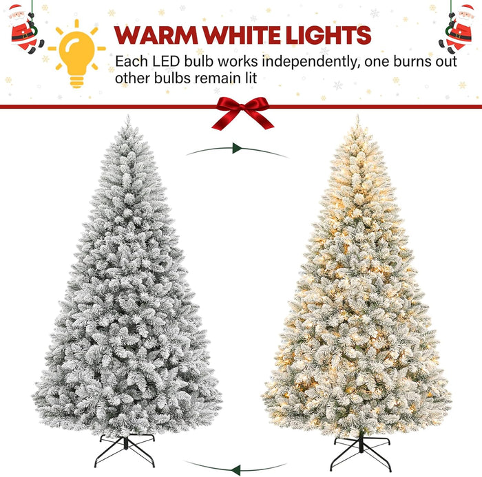 7.5 ft Snow Flocked Christmas Tree, Artificial Holiday Christmas Tree with 450 Warm White Lights, 1446 Frosted Tips, Metal Stand & Hinged Branches, Easy Assembly for Indoor Decorating