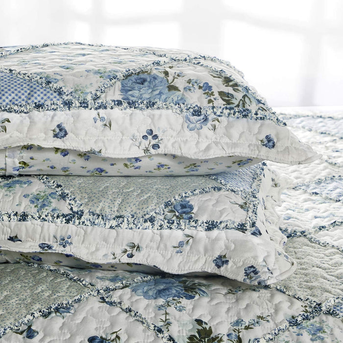 VIVILINEN Blue Floral Patchwork Quilt Set King Size Reversible Quilted Bedding Set with 2 Pillowcases