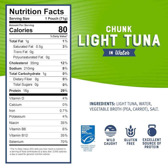 Bumble Bee Chunk Light Tuna in Water, 2.5 oz Pouches (Pack of 12) - Ready to Eat Wild Caught Skipjack Tuna Packet - 16g Protein per Serving - MSC Sustainable Seafood, Non-GMO, Gluten Free, Kosher