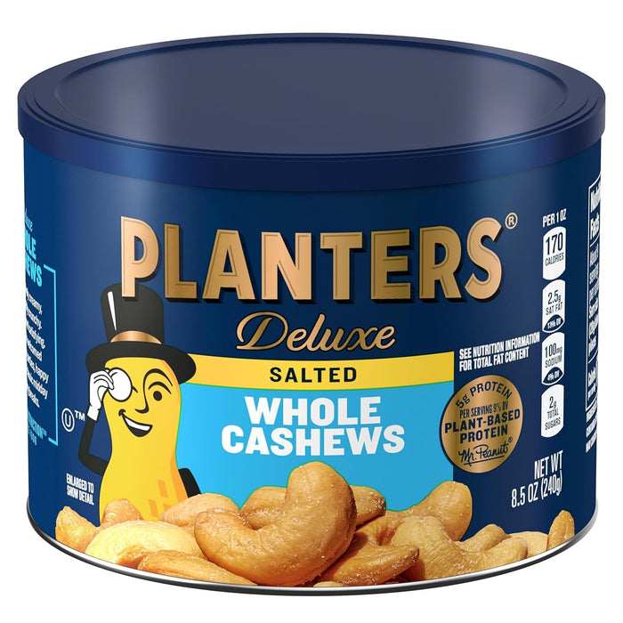 PLANTERS Deluxe Salted Whole Cashews, Party Snacks, Plant-Based Protein, Quick Snack for Adults, After School Snack, Roasted Cashew Flavored with Sea Salt, Bulk Nuts, Kosher, 1 lb 2.25oz Canister
