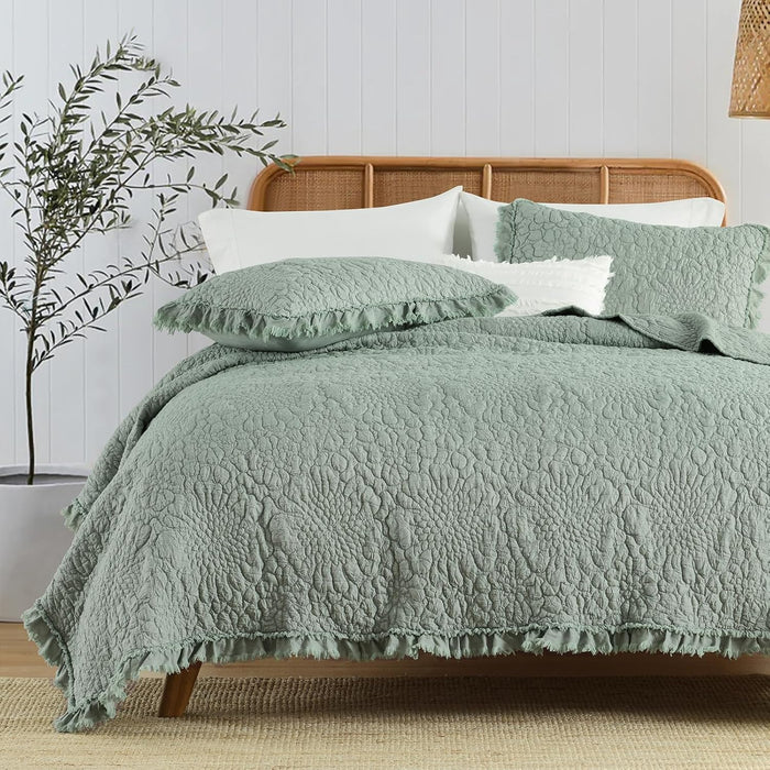 HORIMOTE HOME Pink Ruffled Quilt Queen Size, Stone-Washed Microfiber Lightweight Crinkled Farmhouse Rustic Shabby Chic Bedding Set, 3 Pieces Reversible Bedspread with Pillow Shams for All Season