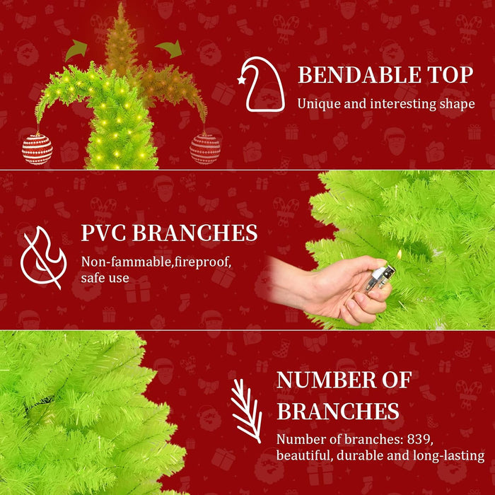 Grinchs Christmas Tree 6FT, Whimsical Bendable Artificial Tree, Lime Green Design with Tree Skirt & Red Ball Ornament, Christmas Decorations Indoors and Outdoors