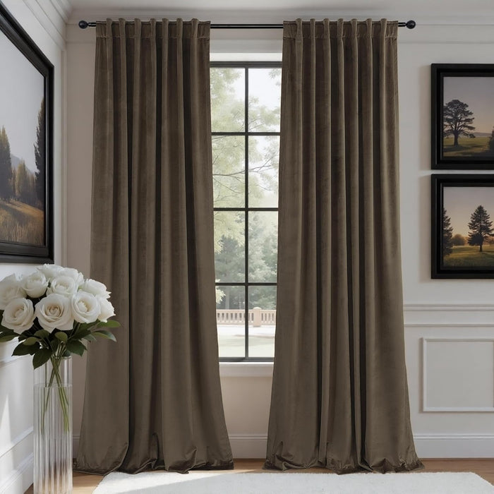 Velvet Curtains 84 Inch Length 2 Panels Set Gold Brown Light Blocking Thermal Insulated Room Darkening Window Drapes Soft Luxury Curtain for Living Room Bedroom Back Tab Pleated Pocket 7ft Long Golden