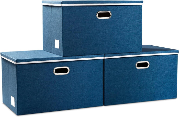 PRANDOM Large Collapsible Storage Bins with Lids [3-Pack] Linen/Cotton Blend Foldable Storage Boxes Organizer Containers Baskets Cube with Cover for Home Bedroom Closet Office Nursery(17.7x11.8x11.8)