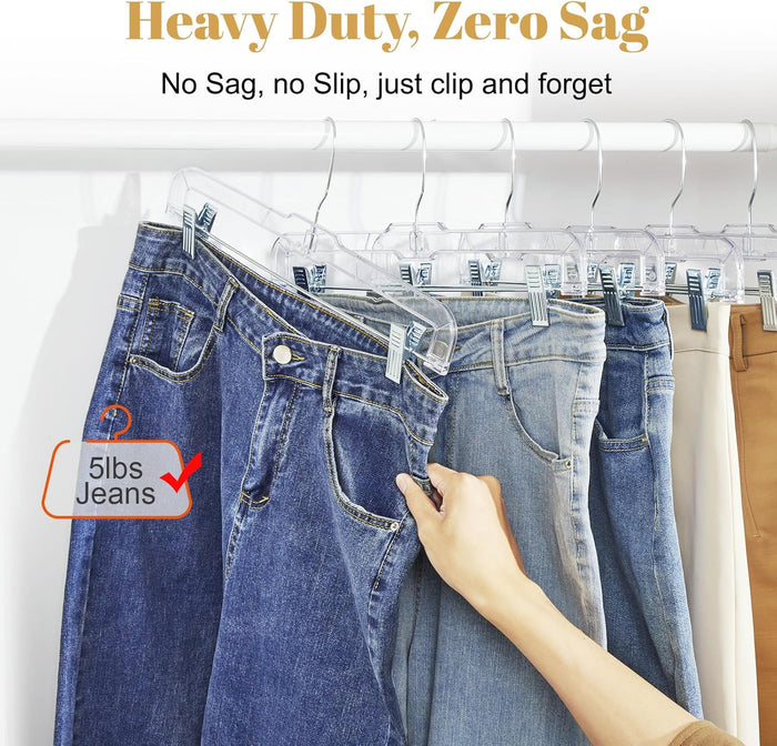 HOUSE DAY Clear Skirt Hangers with Clips 25 Pack, Non-Slip Pants Hangers for Closet, Clip Hanger for Pants, Skirts, Shorts, Troubles, 14'' Clear Plastic Hanger with 360 Swivel Hook