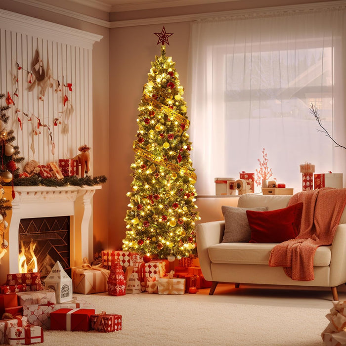 GAOMON Pencil Christmas Tree,6FT Artificial Pre-Lit Christmas Tree, Xmas Tree with Metal Stand, Artificial Tree for Home Party Office Holiday Decoration