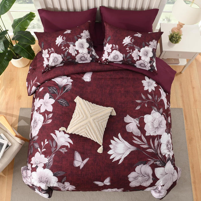 Floral Comforter Set Queen Size, 7 Pieces Burgundy Bed in a Bag, Elegant Floral Butterfly Comforter and Sheet Set, Soft Microfiber Bedding Set for All Seasons(Burgundy,90"x90")