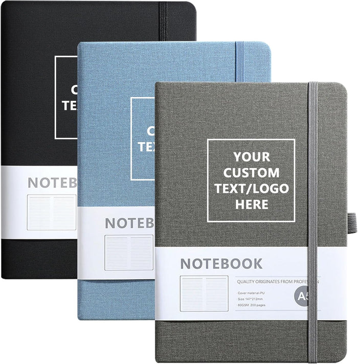Personalized Notebook-Can Engrave Logo/Text/Image, Customizable A5 Journal Notebook -192 Lined Pages 8.3 x 5.8 Inch，black+blue+grey
