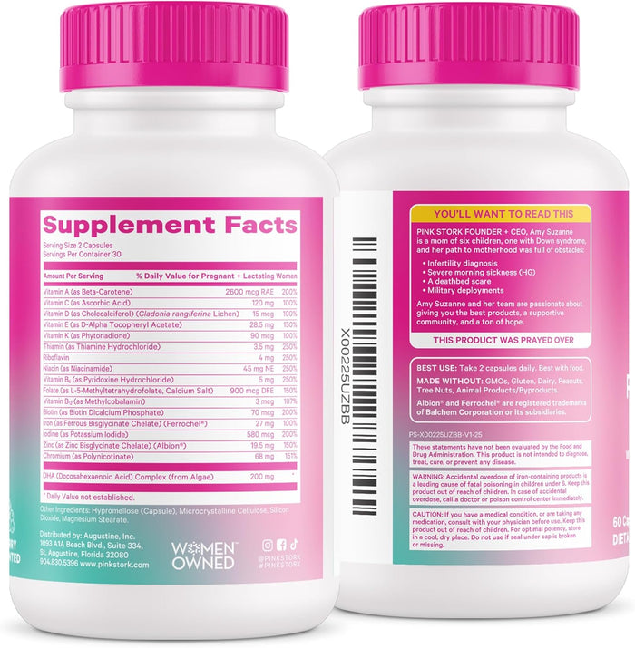 Pink Stork Total Postnatal Vitamins for Women – Berry Flavored Postpartum Multivitamin with Vegan DHA, Iron, Folate, B12 & Nutrients – Breastfeeding Support & Daily Wellness – 1 Month Supply