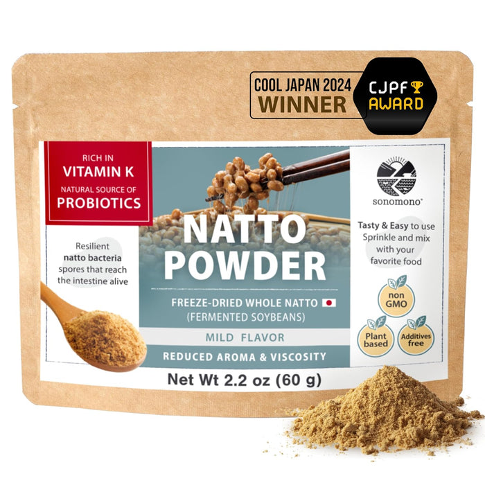 sonomono Japanese Natto Mild Flavor, Fermented Soybean Powder. Traditional superfood, Freeze-Dried, Non-GMO, Vegan. Natural Source of Probiotics, Prebiotics, Vitamin K. Made in Japan, 60 g