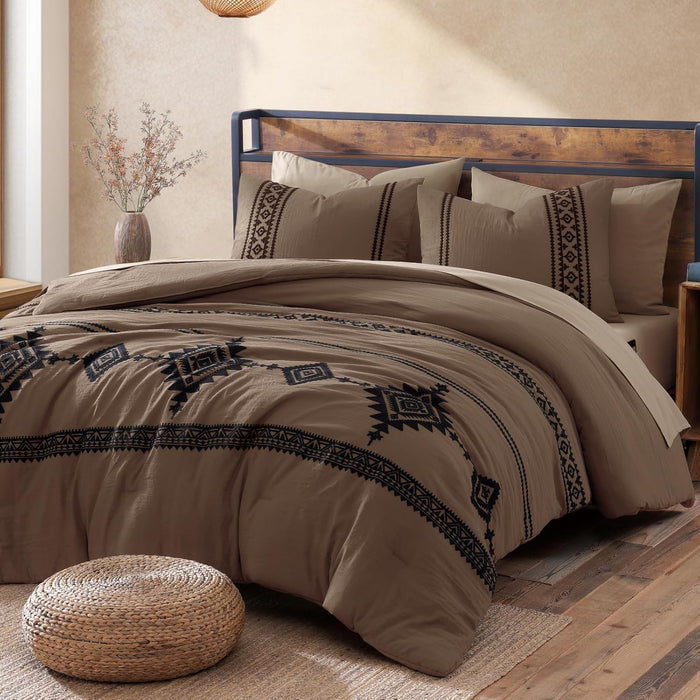 MaiRêve Embroidery Queen Size Comforter Set Black, Boho Farmhouse Western Bedding Set 7 Pieces, All Season Bed in A Bag Comforter Set with Sheets, Pillowcases & Shams