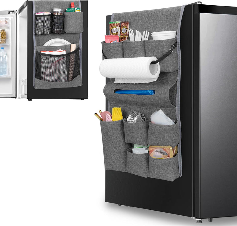Mini Fridge Organizer, Dust Cover with 14 Pockets for Most Household Refrigerators, Hanging Mini Fridge Caddy Organizer Storage Bag for Dorm, Office, Kitchen, Home, School, Flowers