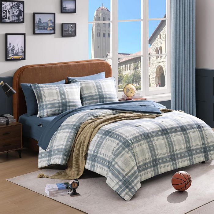 Full Size Comforter Sets, Khaki Green Plaid Bedding Set 7 Piece for Boys Girls Teen, Classic Homestead-Style Kids Comforter Set Bed in A Bag with Sheets, Pillowcases & Shams