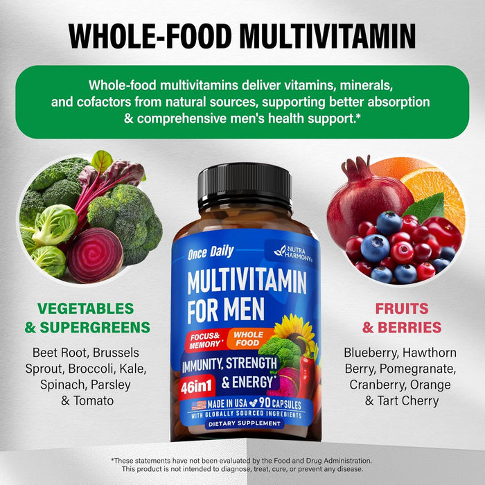 Multivitamin for Men - B-Complex | Whole Foods & Enzymes - Energy, Focus & Brain | Men's Health Complex - 46in1 Mens Multivitamin - Bioavailable & Gentle on Stomach - Made in USA - 90 Capsules, 1/Day