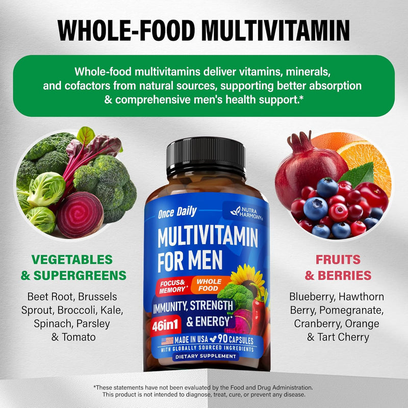 Multivitamin for Men - B-Complex | Whole Foods & Enzymes - Energy, Focus & Brain | Men's Health Complex - 46in1 Mens Multivitamin - Bioavailable & Gentle on Stomach - Made in USA - 90 Capsules, 1/Day