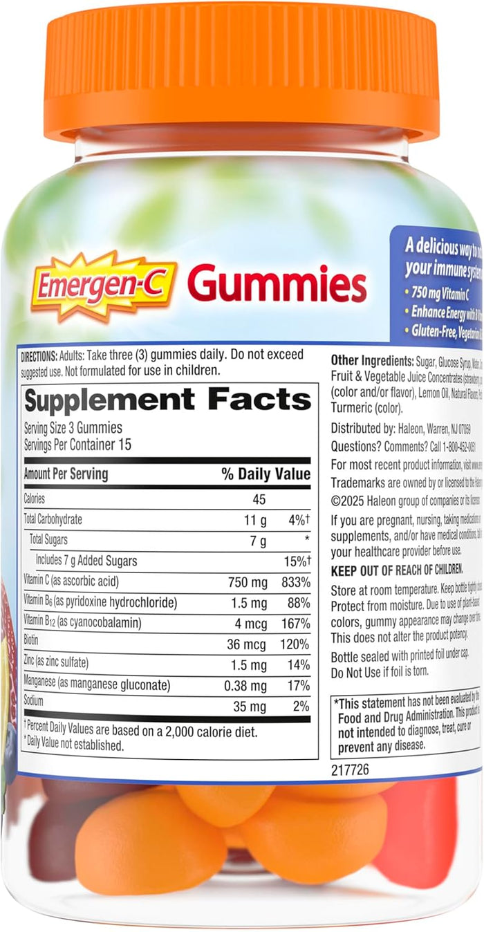 Emergen-C 750mg Vitamin C Gummies for Adults, Immune Support Gummies, Gluten Free, Strawberry, Lemon and Blueberry Flavors - 45 Count