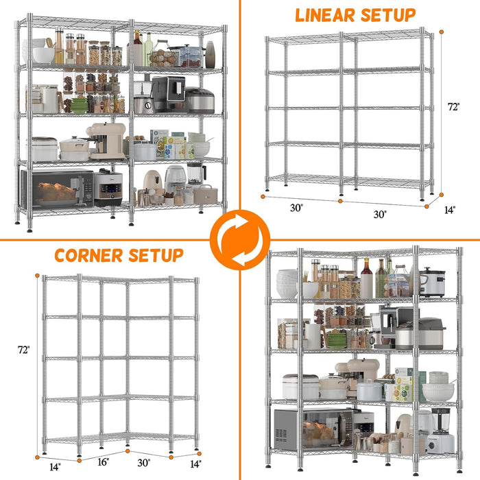 Homdox 5 Tier Storage Shelves, Heavy Duty Wire Shelving Unit, Adjustable Metal Shelves for Storage, Garage Rack Pantry Shelves Kitchen Shelving, 14"x60"x72", Silver Gray