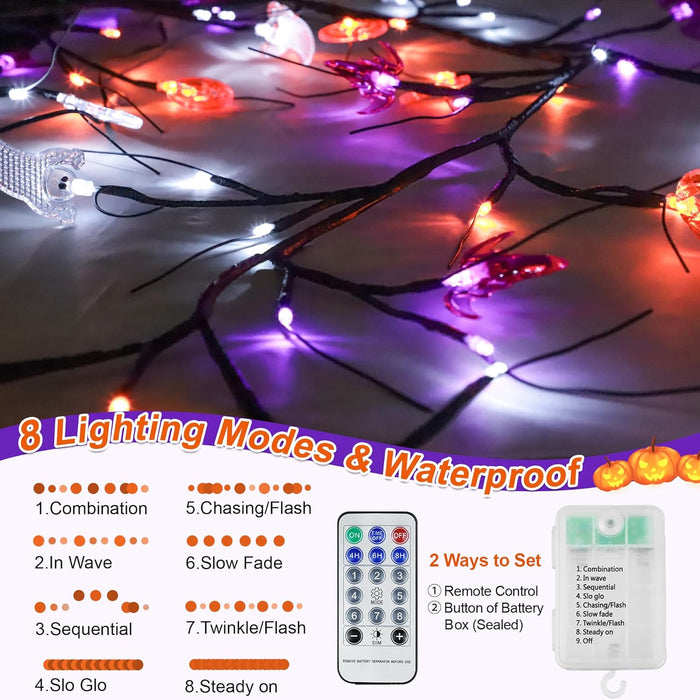 [Timer] 6 FT Willow Vine Twig Halloween Decorations Garland with Pumpkin Bat Ghost Lights, 8 Modes Waterproof Battery Operated Halloween Lights Indoor Home Wall Window Mantle Party Decor