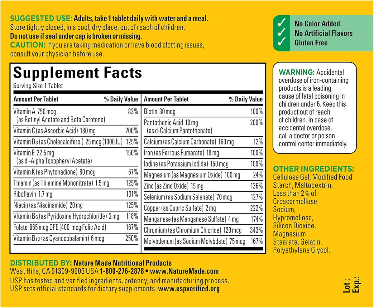 Nature Made Multivitamin Tablets with Vitamin D3 and Iron, 130 Count for Daily Nutritional Support