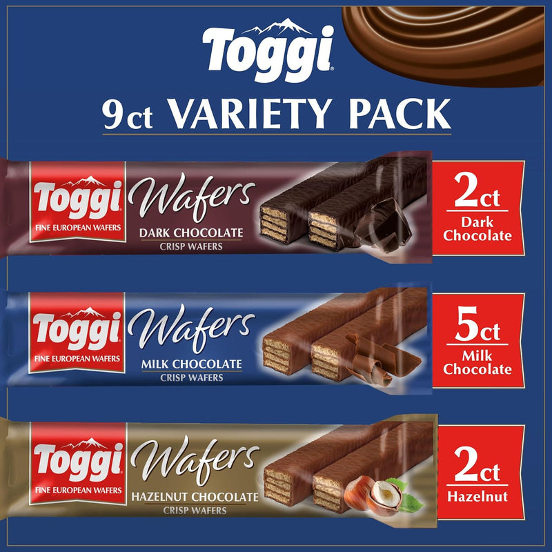TOGGI Fine European Chocolate Wafers, Variety Snack Box, Stocking Stuffers, Milk Chocolate, Dark Chocolate, and Hazelnut (1.75 oz 9 Count)