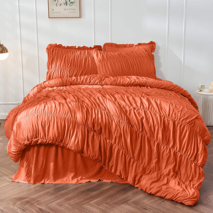 Queen Comforter Set - Ruched Comforter Queen Size Bed Set Boho Shabby Chic Bedding for Bedroom Comforter Fluffy 3 Piece Ruffle Comforter Set with Pillow White Bedding Soft