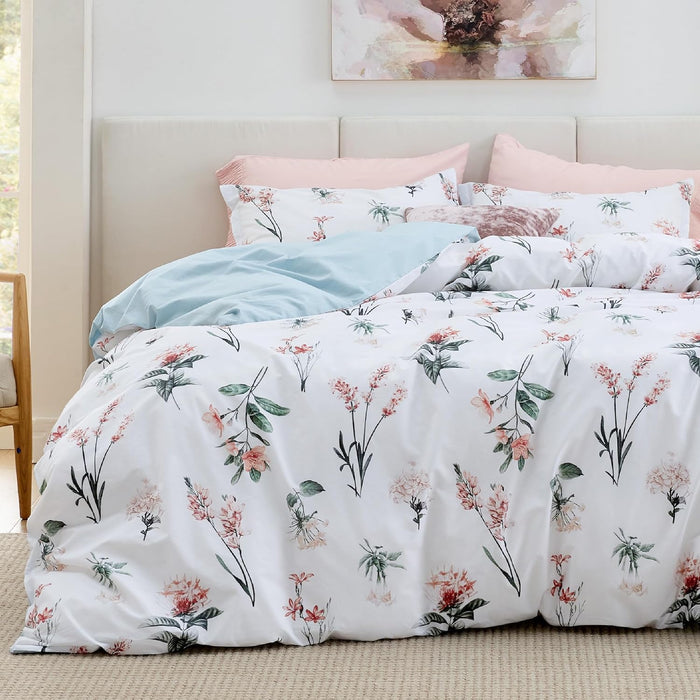 Bedsure Duvet Cover Queen Size - 100% Cotton Reversible Floral Queen Duvet Cover Set with Zipper Closure, 3 Pieces Soft & Breathable Green Bedding Set with 2 Pillow Shams 20"x26"